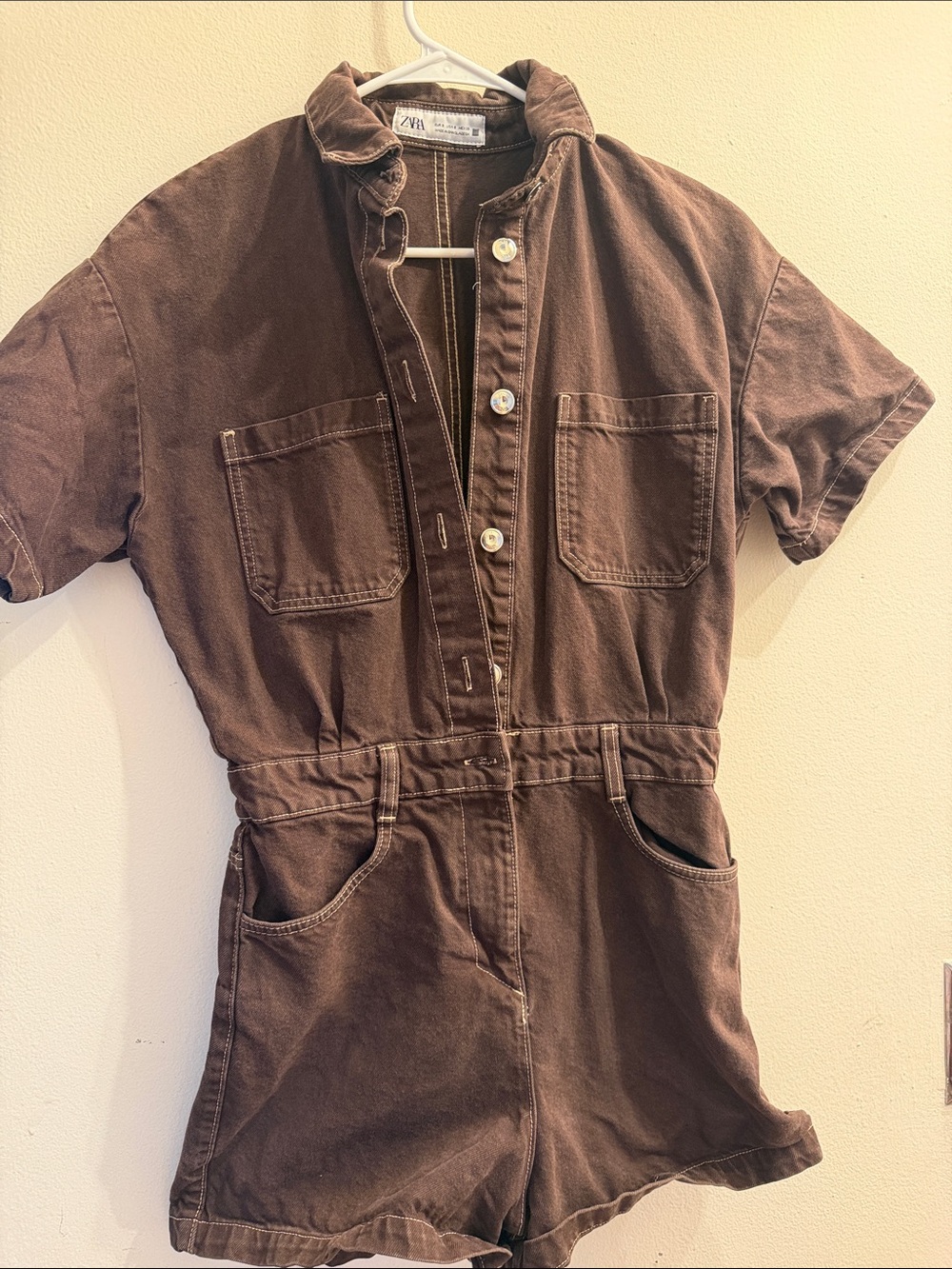 Zara Brown Short-Sleeve Cotton Romper